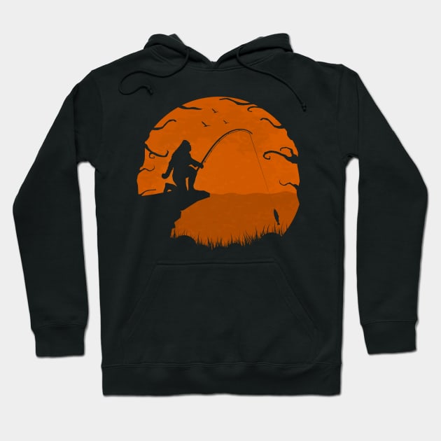 Fishing Bigfoot Sunset - Retro Bigfoot Hoodie by Tesszero